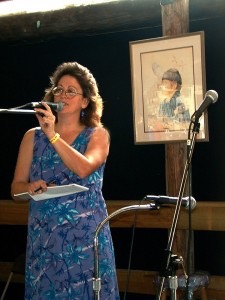 Donna emceeing at the Will McLean Folk Festival